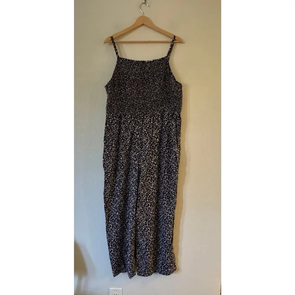 Old Navy Smocked Jersey Cami Jumpsuit XL Blue Ditsy Floral Square Neck Spaghetti - Picture 2 of 12